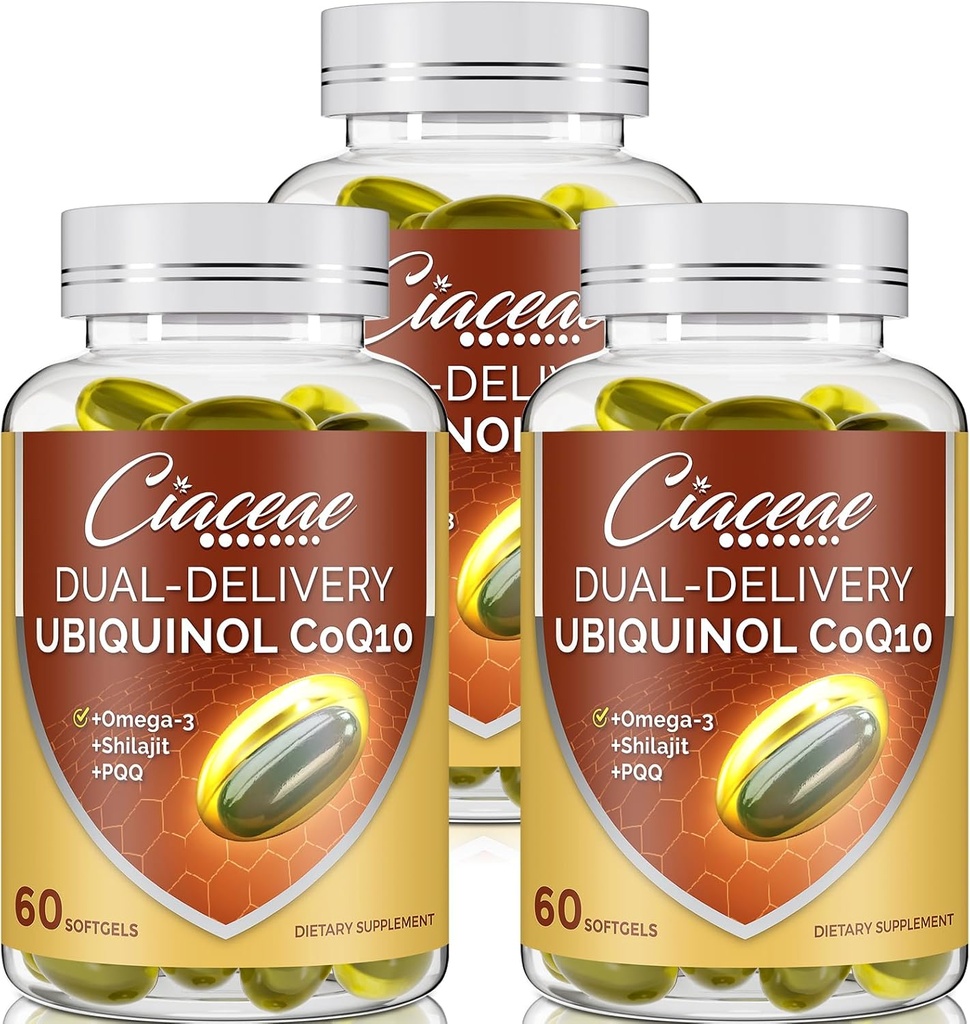 Ubiquinol CoQ10 600 MG Softgels avec Omega-3 & Shilajit & PQQ, Coenzyme de double livraison avancée-Q10, Supplément Ubiquinol actif CoQ10 pour la fertilité, l'antioxydant, le cœur, le cerveau et l'énergie, 180 services