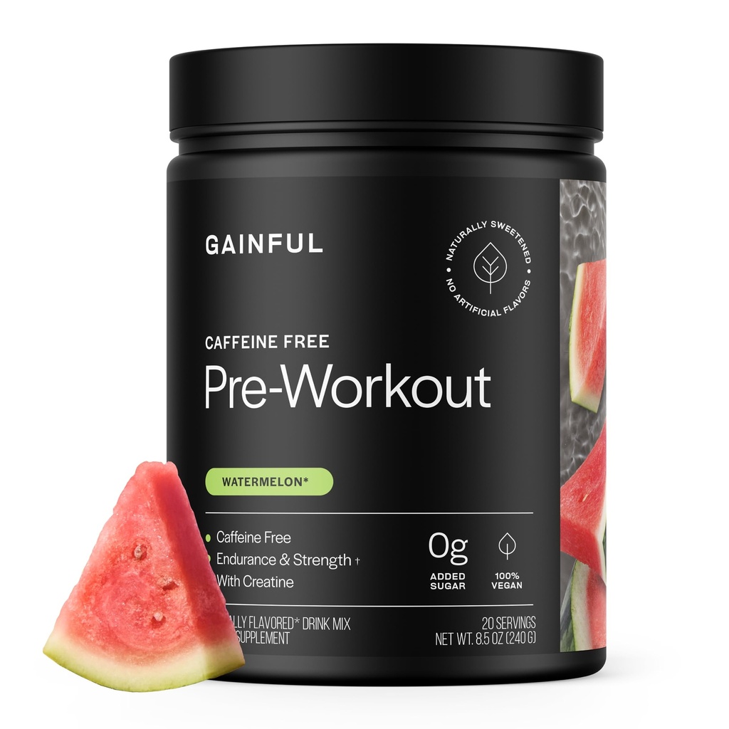 Poudre de pré-entraînement sans caféine avec créatine, goût de pastèque, soutient la force, l'endurance, et la récupération, BCAA, Beta Alanine, L-Citrulline, Pas d'ingrédients artificiels, 20 portions