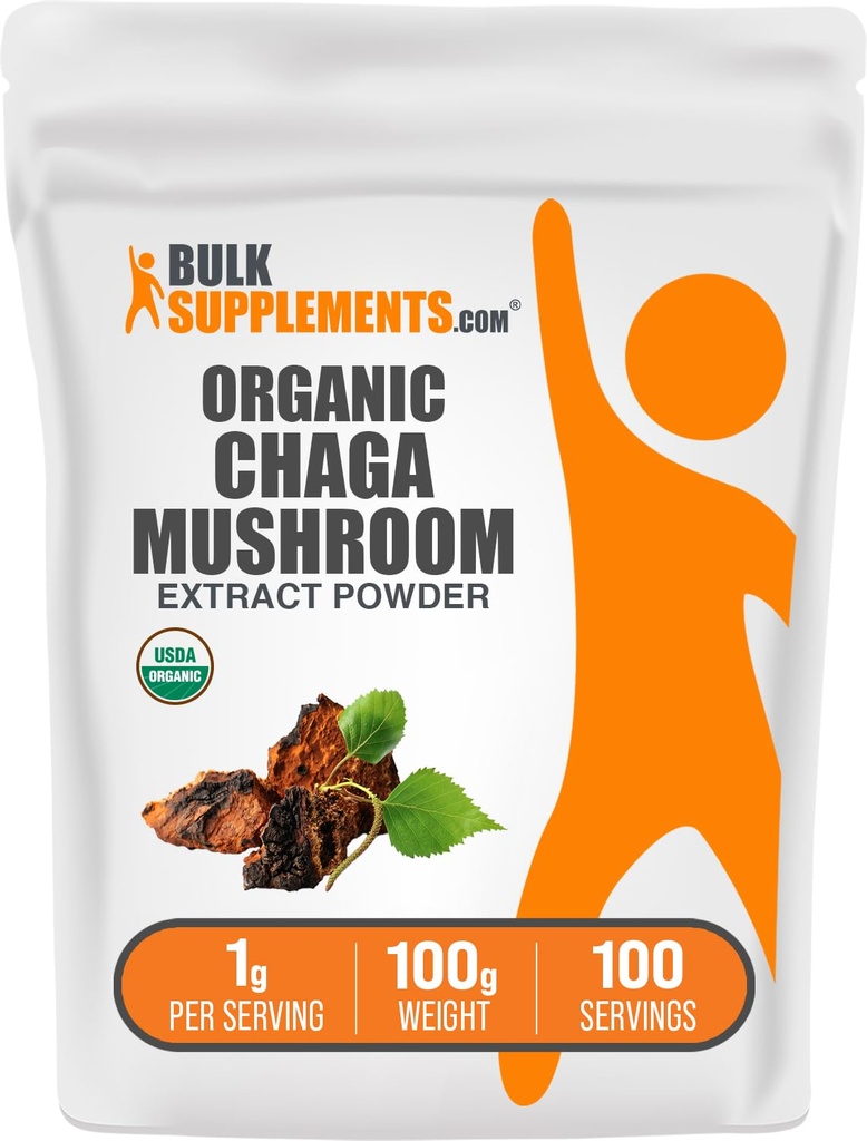 BulkSupplements.com Poudre d'extrait de champignons de Chaga biologique - Poudre de Chaga biologique, Supplément de champignons - Sans gluten, 1g par portion, 100g (3.5 oz) (paquet de 1)