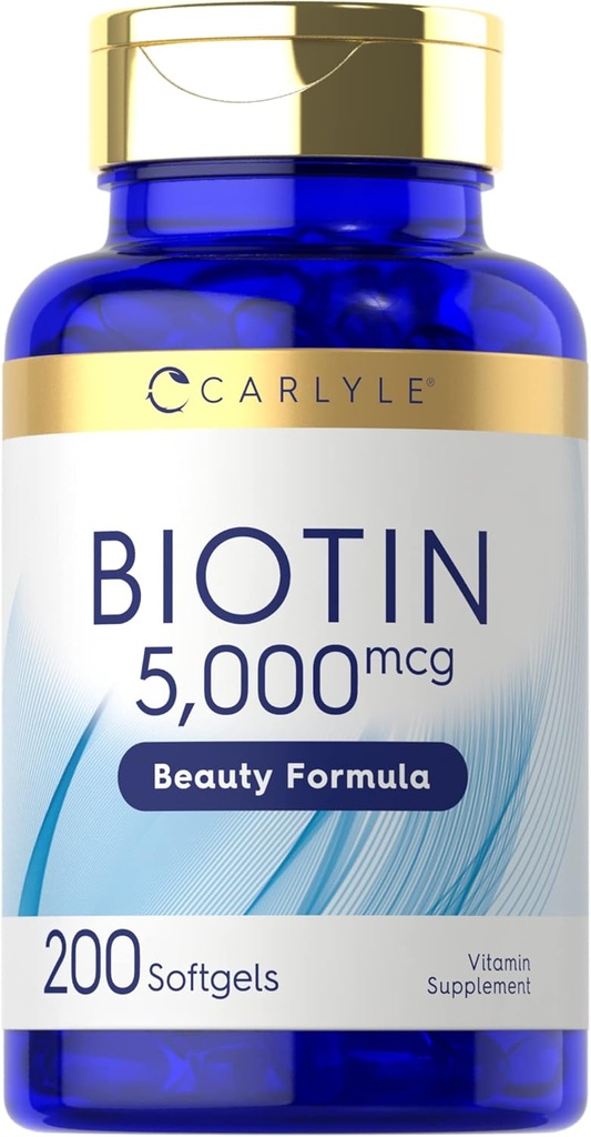Carlyle Biotin 5000mcg Softgels , 200 Count , 200 Vitamines pour la peau des cheveux et les ongles , Supplément sans gluten