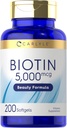 Carlyle Biotin 5000mcg Softgels , 200 Count , 200 Vitamines pour la peau des cheveux et les ongles , Supplément sans gluten