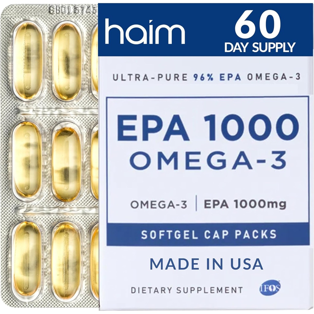 HAIM EPA1000 – Supplément d'huile de poisson High-Potency EPA – 1 100mg Oméga-3 pour la santé du coeur, du cerveau et des articulations – Softgels de qualité pharmaceutique – Capsules pures sans Burpless – 60 Softgels – Fabriqués aux États-Unis