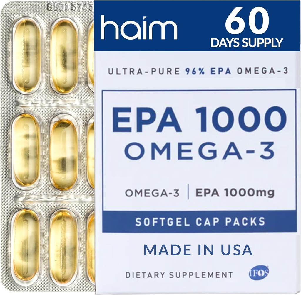 HAIM EPA1000 – Supplément d'huile de poisson High-Potency EPA – 1 100mg Oméga-3 pour la santé du coeur, du cerveau et des articulations – Softgels de qualité pharmaceutique – Capsules pures sans Burpless – 60 Softgels – Fabriqués aux États-Unis