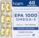 HAIM EPA1000 – Supplément d'huile de poisson High-Potency EPA – 1 100mg Oméga-3 pour la santé du coeur, du cerveau et des articulations – Softgels de qualité pharmaceutique – Capsules pures sans Burpless – 60 Softgels – Fabriqués aux États-Unis