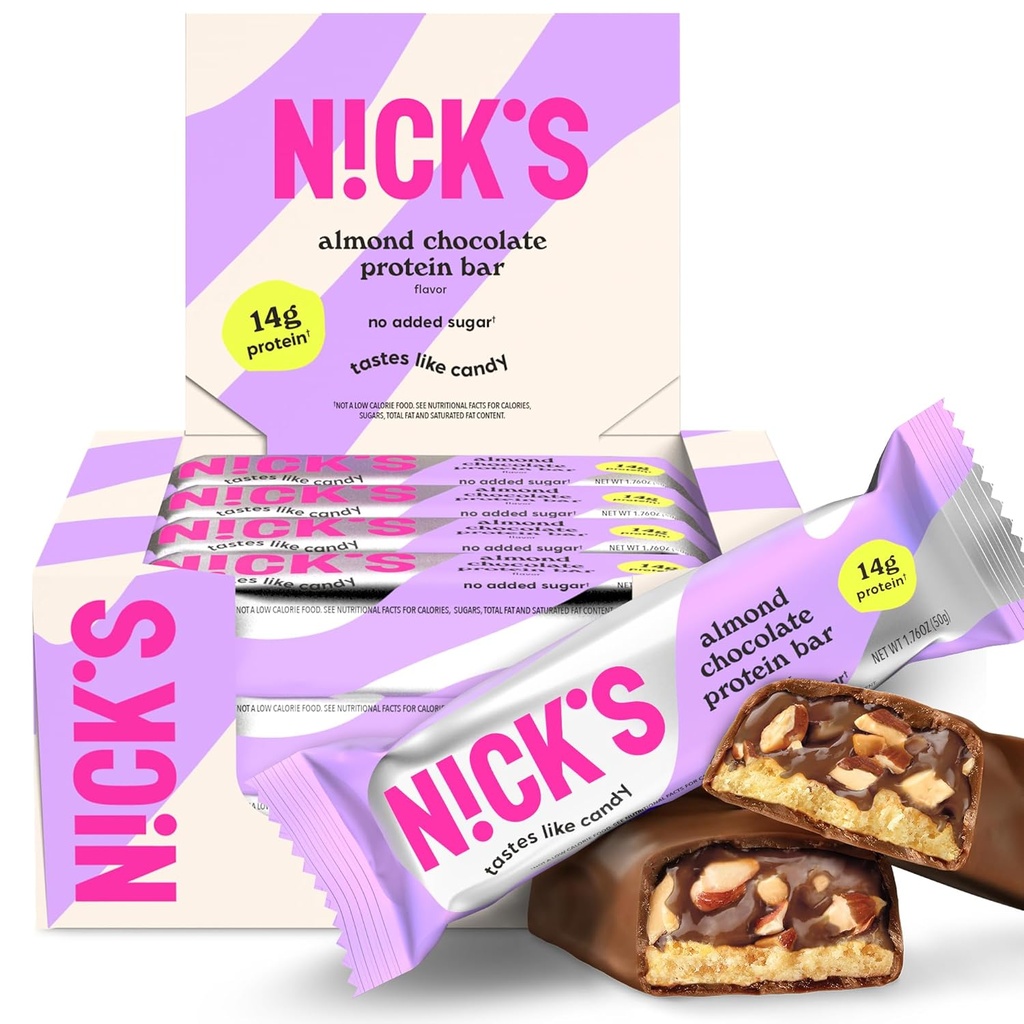 Nick's Protein Bars Chocolat à haute teneur en protéines à faible teneur en glucides Snacks kéto acceptés Pas de sucre ajouté (Multipack 12 barres x 50g) (12 Nombre (paquet de 1), chocolat amande)