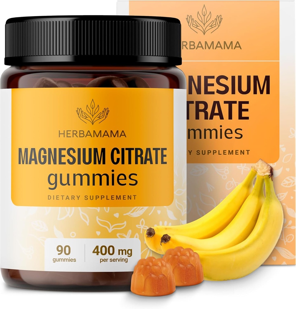 HERBAMAMA Calm Magnesium Gummies - 400mg Magnesium Citrate for Relaxation Support - Vegan, Non-GMO Calming Supplement for Adults - 90 Pectin-Based Banana-Flavored Chews