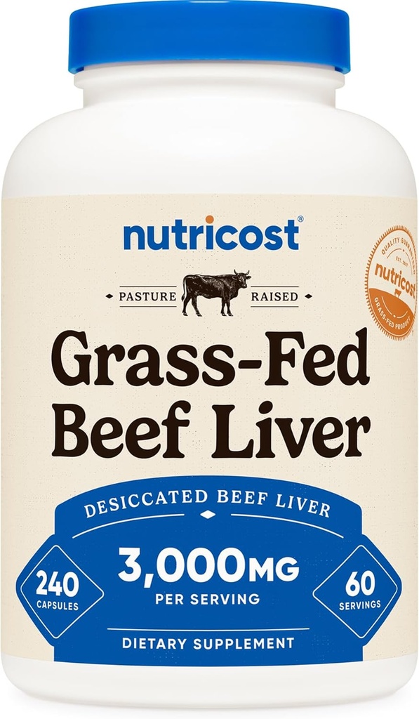 Nutricost Grass Fed Capsules de foie de boeuf déshydratées 3000mg par portion (750mg par bouchon), 240capsules pour 60 portions - Pas d'hormones, d'OGM et de gluten sans pâturage, de boeuf de gamme libre