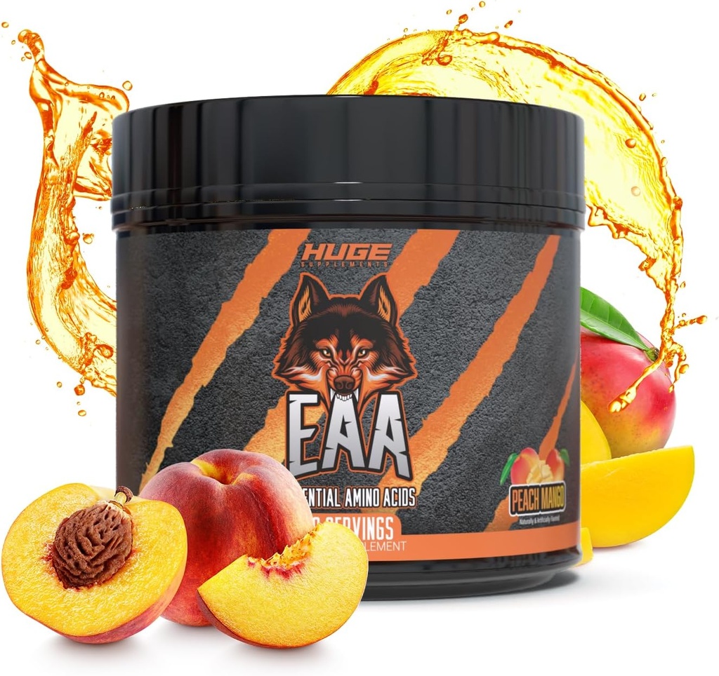 Énorme supplément EAA, poudre essentielle d'aminoacide la plus dosée, 12,8 g EAA et 8 g BCAA par portion, croissance musculaire, récupération et performance (Peach Mango)