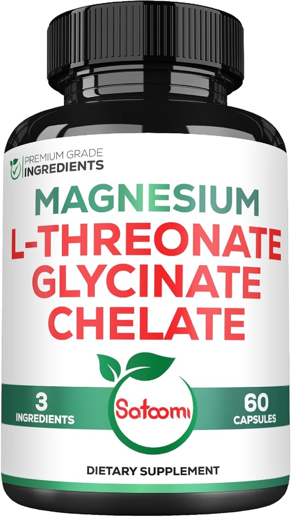 Satoomi 1200mg 3in1 Supplément de magnésium L-Thréonate avec Glycinate et Chélalate - 60 Capsules Vegan