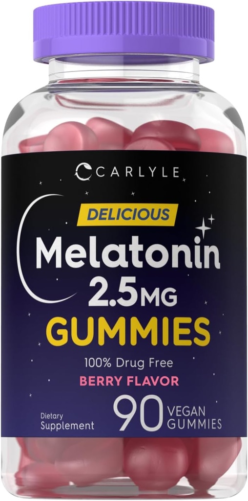 Carlyle Melatonin 2,5 mg Gummies (90 mg) Comte (90 mg) Supplément Gummy de Berry Flavor Végétalien, non OGM, sans gluten