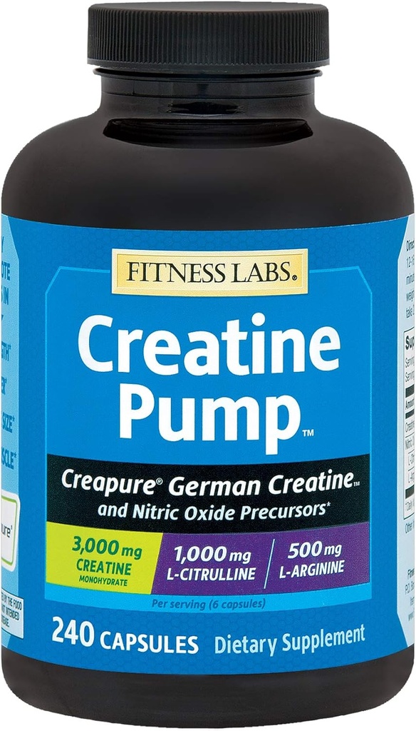 Pompe à créatine Fitness Labs avec L-Citrulline, L-Arginine et Creapure Creatine Monohydrate - 240 Capsules