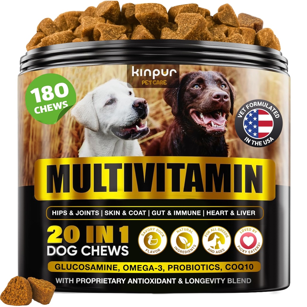 Suppléments de multivitamines pour chiens 20-en-1 - Immunité, digestion, soutien de santé articulaire et cardiaque - Vitamines naturelles pour chiens avec biotine, Msm, canneberge, glucosamine pour chiens - 180 Chews