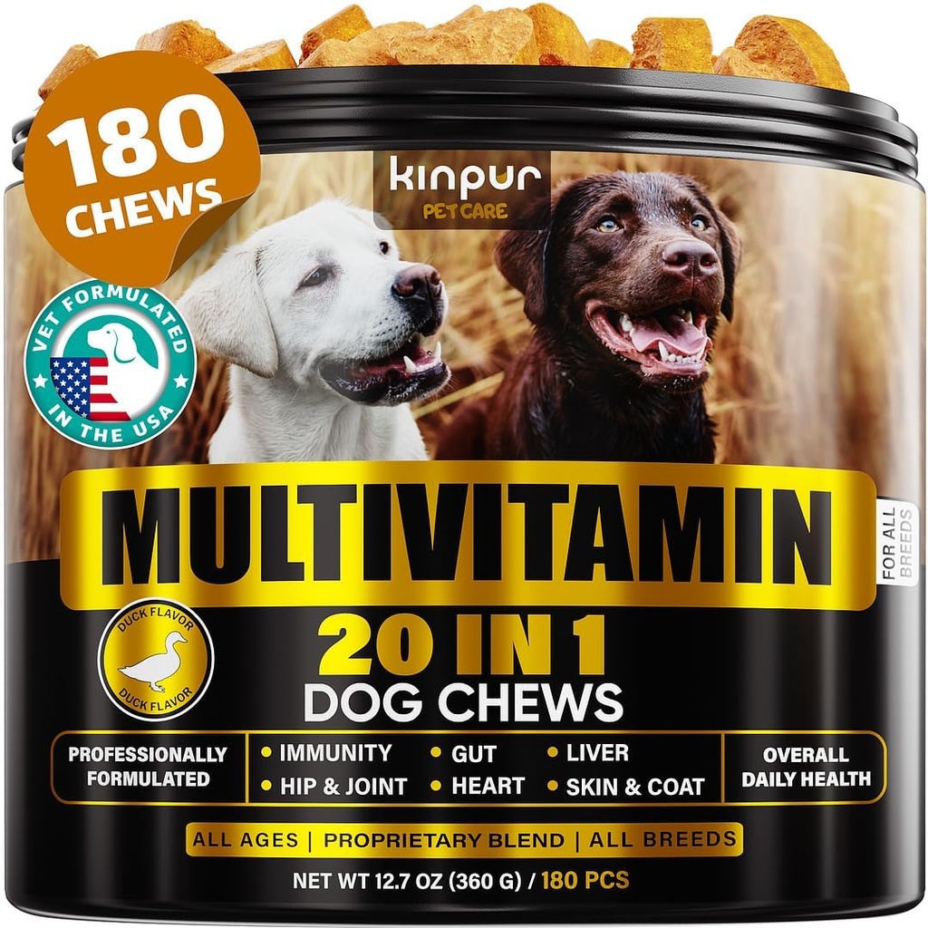 Suppléments de multivitamines pour chiens 20-en-1 - Immunité, digestion, soutien de santé articulaire et cardiaque - Vitamines naturelles pour chiens avec biotine, Msm, canneberge, glucosamine pour chiens - 180 Chews