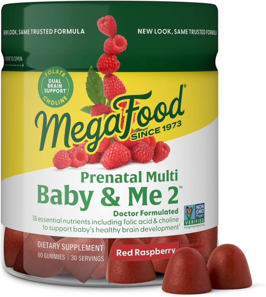 MegaFood Baby & Me 2 Vitamines prénatales pour les femmes Gommies à l'acide folique et Choline pour le développement du cerveau de bébé; Plus Fruit réel- Fruit rouge Arôme framboise - 60 Gommies (30 portions)