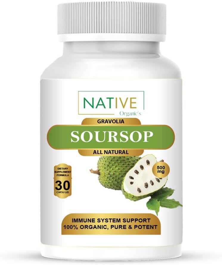 Native Organic's Soursop Graviola Capsules - Healthy Cell Growth & Immune Health - Essential Antioxidants & Minerals - Leafs, Fruit & Seeds Extract - 30 Vegan Capsules (500 mg)