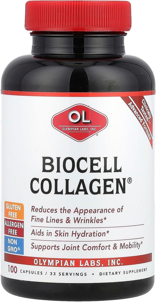 Olympian Labs Biocell Collagen II 1500mg Capsules de supplément Non-OGM, sans gluten, sans allergène - Supporte la peau et la santé articulaire et cellules de production de cartilage - 100 capsules (33 jours d'approvisionnement)