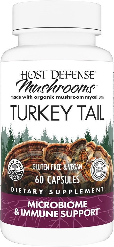Host Defense Turkey Tail Capsules - Supplément digestif pour la santé et la réponse immunitaire - Supplément de champignons pour le soutien gastro-intestinal et le microbiome Gut - 60 capsules (30 portions)*