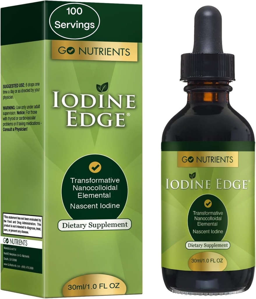 Go Nutrients Iodine Edge – Complément liquide organique d'iode pour le soutien thyroïdien, l'énergie, l'immunité et la santé cognitive – gouttes d'absorption élevées - Teinture naturelle pour les femmes et les hommes – 1 oz