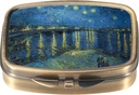 Dynippy Pill Case Pill Box with Mirror Retro Pocket 2 Compartment Medicine Case Vitamin Pill Organizer for Pocket Purse and Travel (A-Starry Night Over The Rhone)