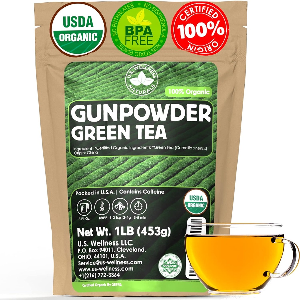 U.S. Wellness Naturals Organic Gunpowder Green Tea (thé vert à poudre biologique) Loose Leaf (thé vert biologique biologique) 100 % certifié 100 tasses