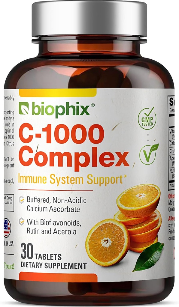 Vitamine C-1000 mg 30 Comprimés Complexe - Végétalien avec Citrus Calcium Bioflavonoïdes Acerola Rutin - Soutient la santé immunitaire