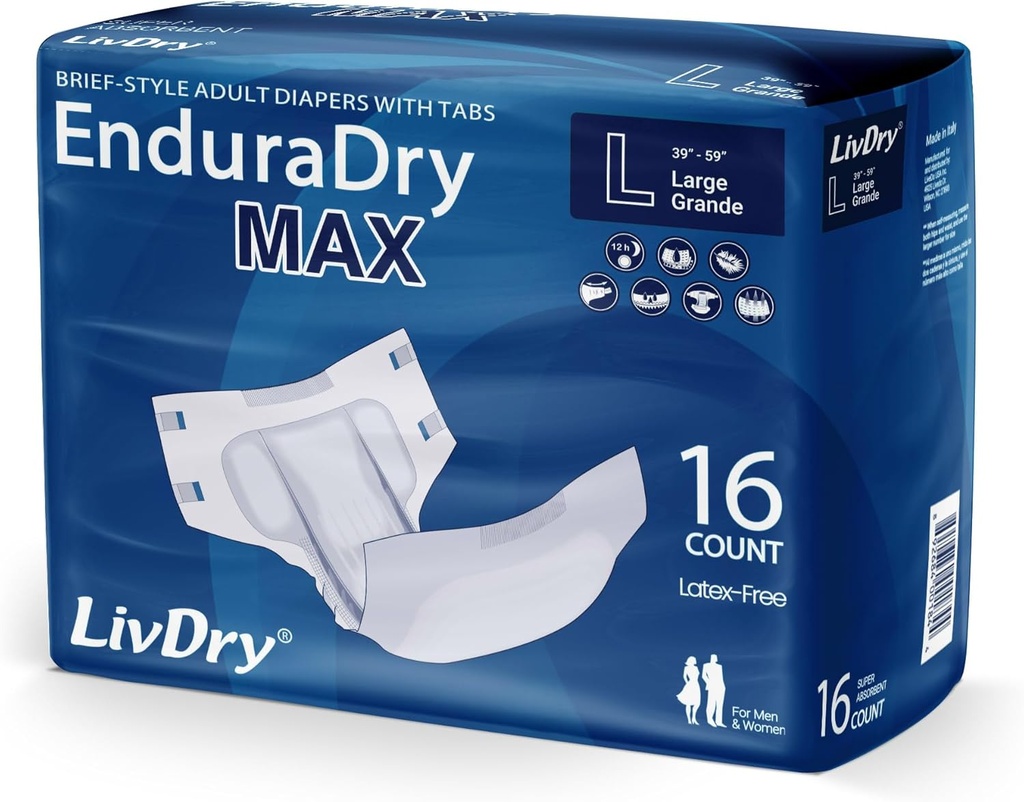 LivDry EnduraDry Max Adult Diapers with Tabs, Up to 12-Hours, Super Absorbent Incontinence Underwear, Leak Protection Briefs, Large, 16-Pack