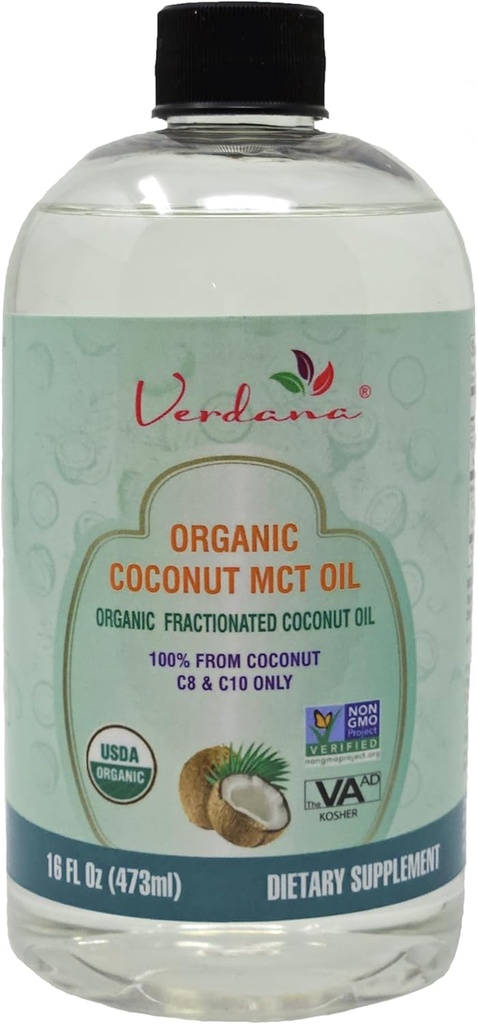Verdana Organic MCT Oil 16 oz – Food Grade USDA Organic for Keto Coffee, Unflavored Natural Oil Pulling Mouthwash & Massage - Coconut Derived, Fractionated– Medium Chain C8 C10 – Non-GMO, Kosher