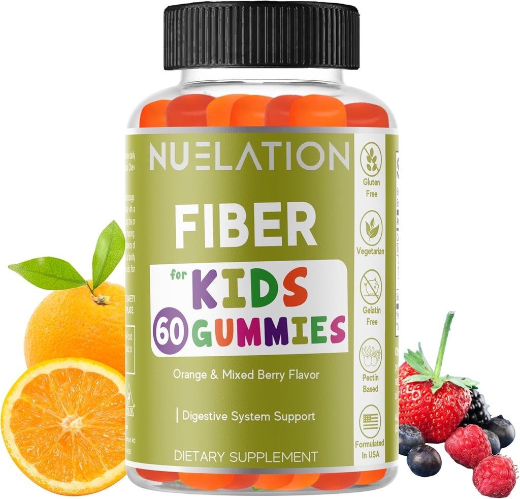 Gummies de fibre pour les enfants - 60 comte - Végétarien, sans gluten, sans gélatine, supplément de fibre pour les enfants - fibre prébiotique pour soutenir la digestion, le mouvement Bowel et la santé immunitaire