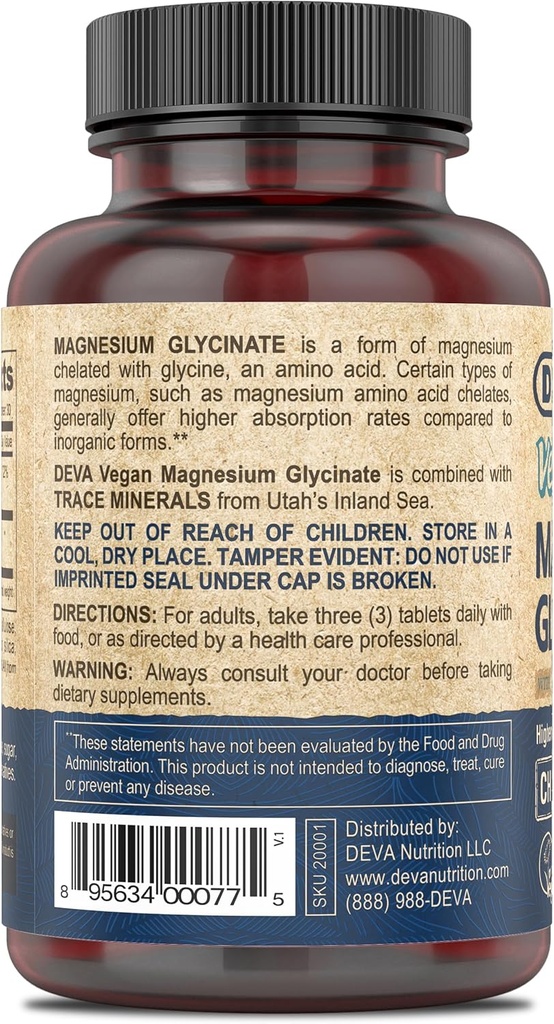 DEVA Magnésium végétalien Glycinate 300mg par portion avec Trace Minerals, Absorption plus élevée, Magnésium chélaté, 90 comprimés (paquet de 2)