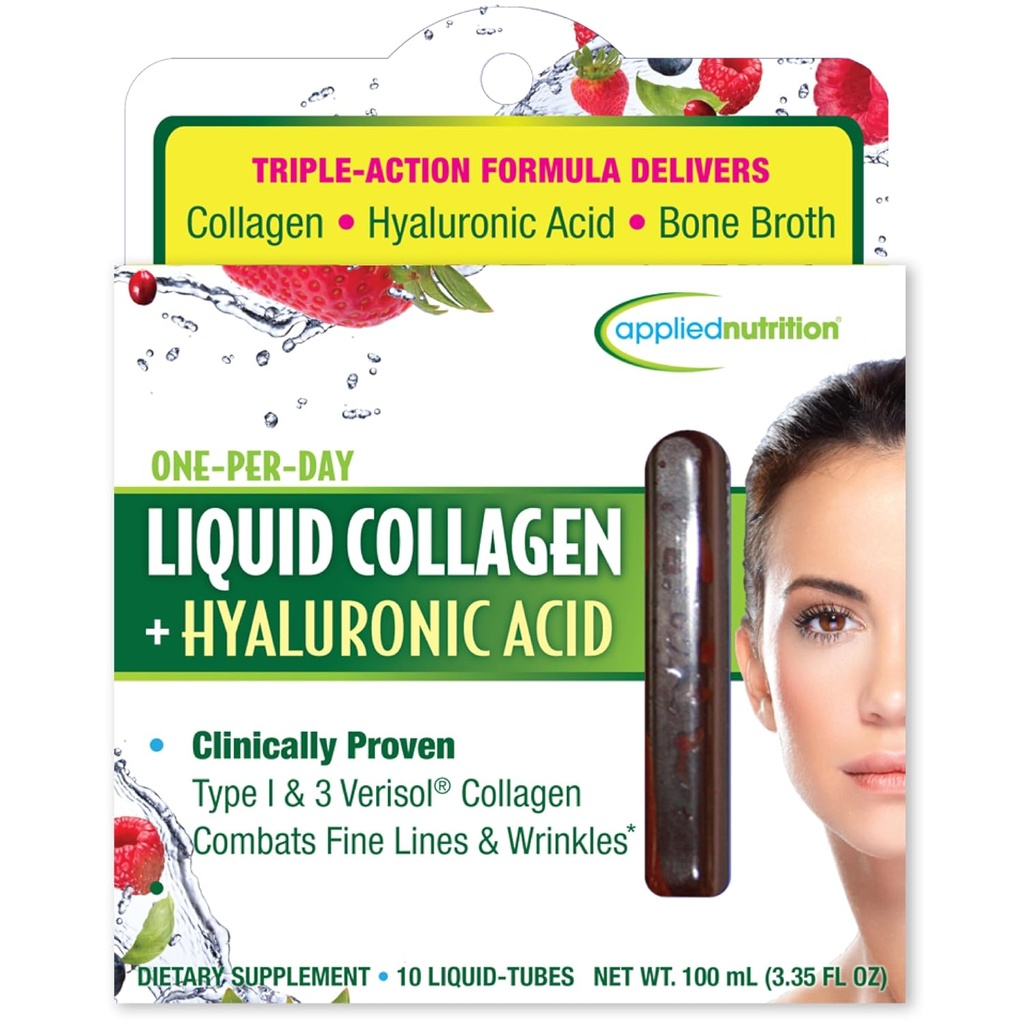 Nutrition appliquée Collagène liquide + acide hyaluronique - 10 tubes liquides - Rétablissement de la peau et des ongles - Arôme de baie mixte - 10 portions