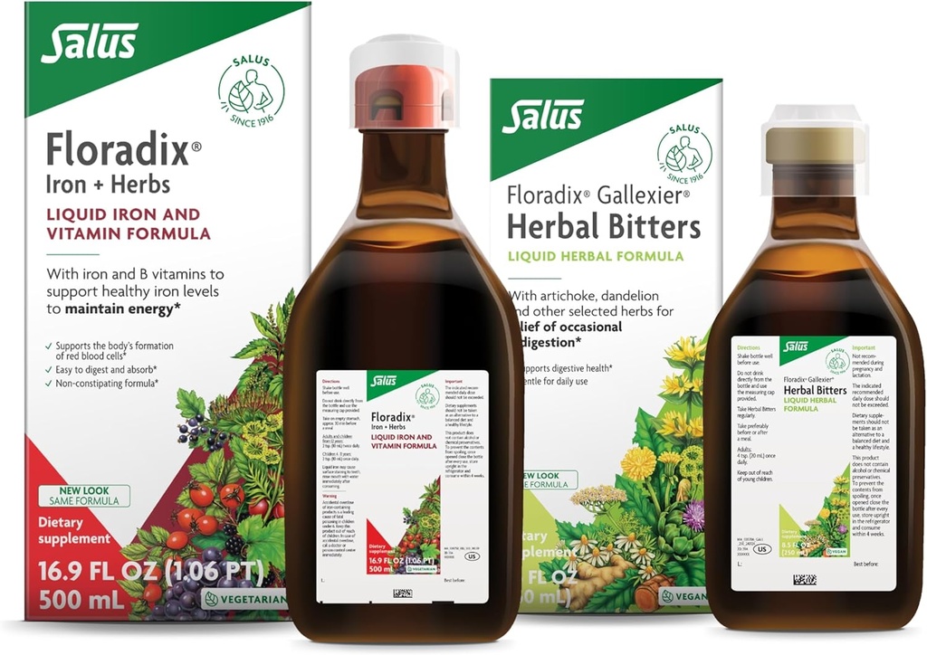 Floradix de Salus Gallexier Herbal Bitters (8,5 oz) & Iron & Herbs (16,9 oz) Bundle - Herbal Bitter pour le soutien digestif* - Supplément de fer pour le soutien énergétique sain*
