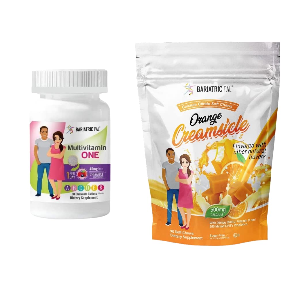 BariatricPal 30 jours Bariatric Vitamine Bundle (Multivamine ONE 1 par jour! A croquer avec 45mg de fer - Mélange de baies et de citrate de calcium Chews doux 500mg avec probiotiques - crèmes orange)