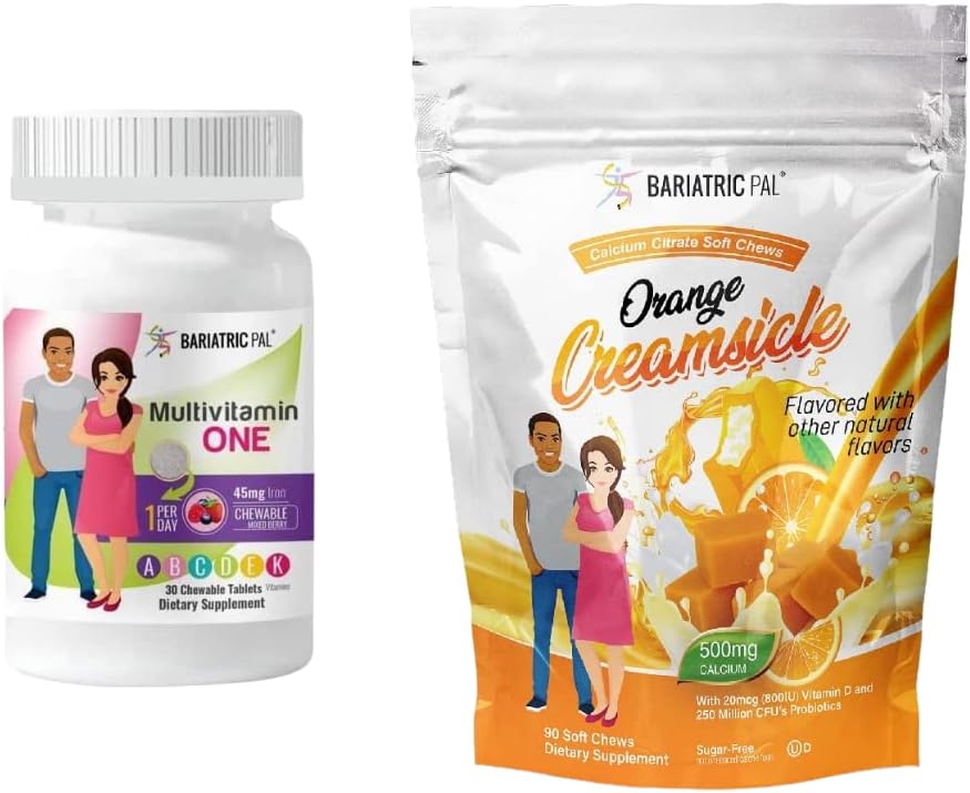 BariatricPal 30 jours Bariatric Vitamine Bundle (Multivamine ONE 1 par jour! A croquer avec 45mg de fer - Mélange de baies et de citrate de calcium Chews doux 500mg avec probiotiques - crèmes orange)