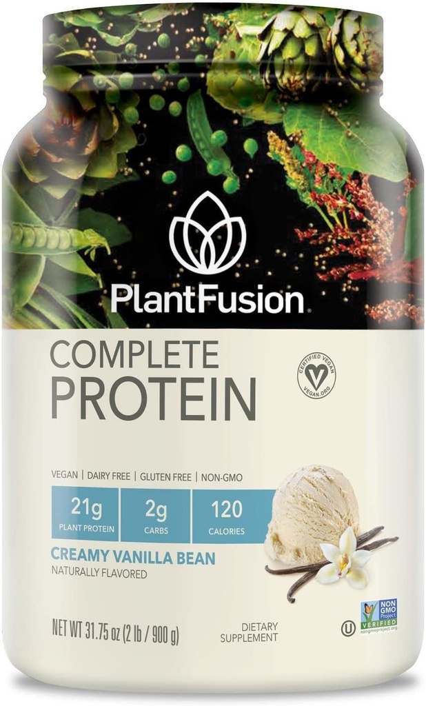 PlantFusion Poudre complète de protéines végétales - Poudre de protéines végétales avec BCAA, enzymes digestives et protéines de pois - Keto, sans gluten, sans soja, sans lait, sans sucre, sans OGM - Vanilla Bean 2 lb