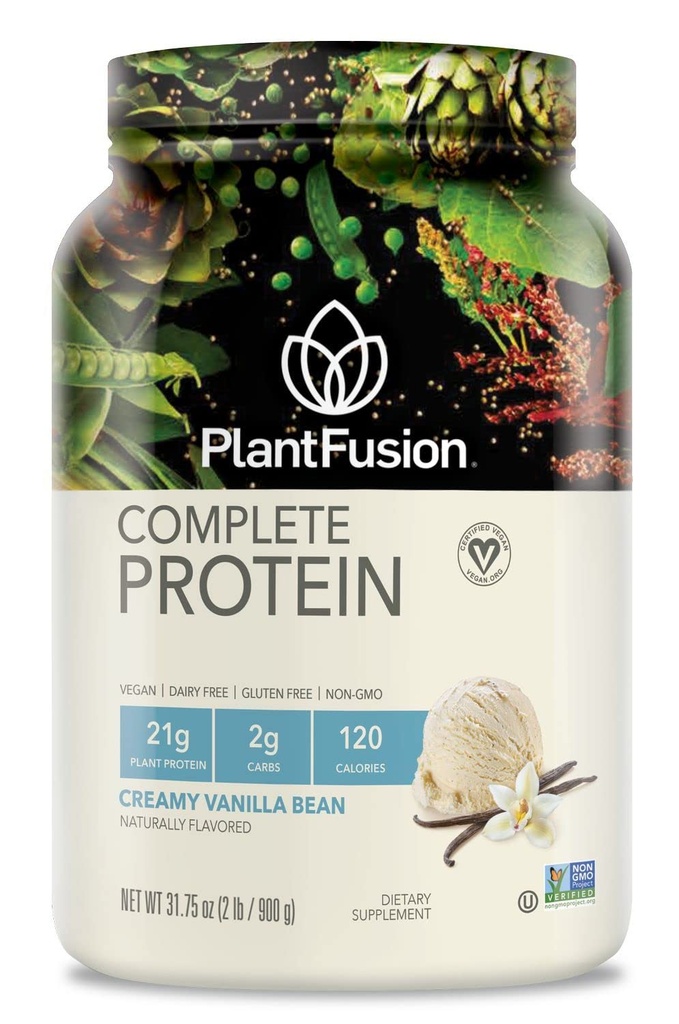 PlantFusion Poudre complète de protéines végétales - Poudre de protéines végétales avec BCAA, enzymes digestives et protéines de pois - Keto, sans gluten, sans soja, sans lait, sans sucre, sans OGM - Vanilla Bean 2 lb