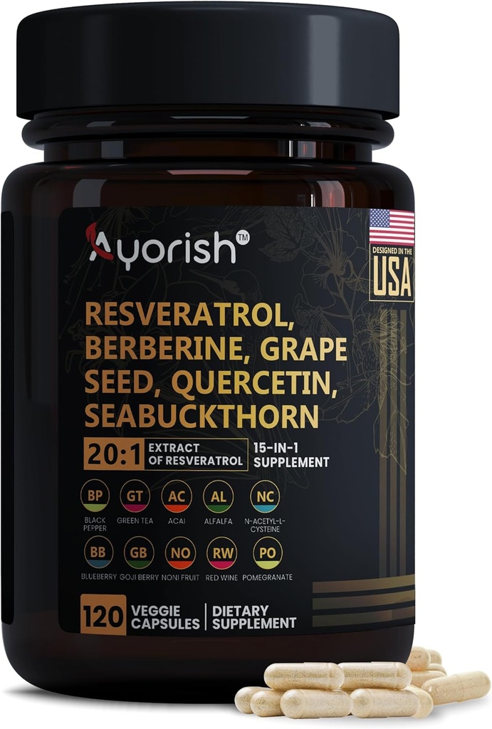 Resveratrol Supplement | Berberine Grape Seed Extract Quercetin Green Tea Extract Acai Noni Polyphenol Supplement for Women & Men, N-Acetyl Cysteine NAD Booster 120 Count