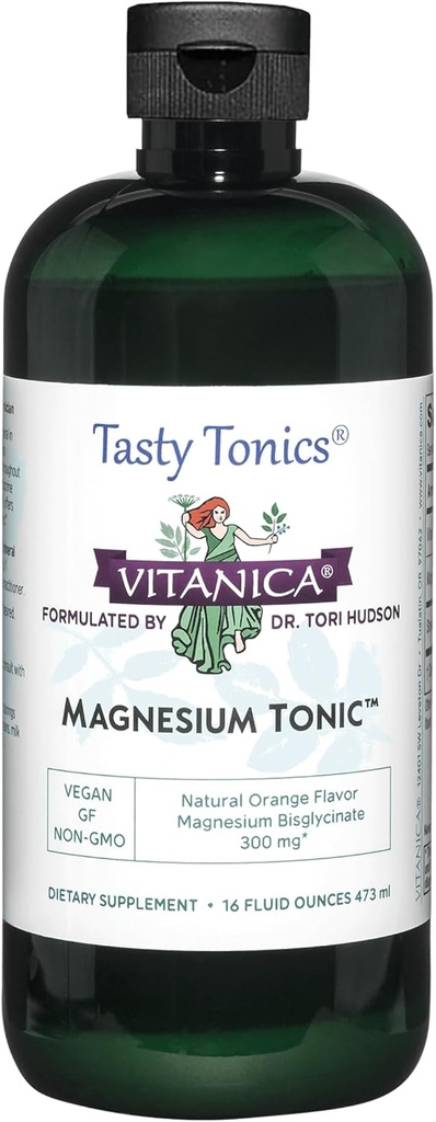 Vitanica Magnésium Tonique, Liquide Magnésium Bisglycinate Chélate 300 mg avec vitamine B6, Dr Supplément formulé, Arôme orange, végétalien, sans gluten et non-OGM,16 fl oz