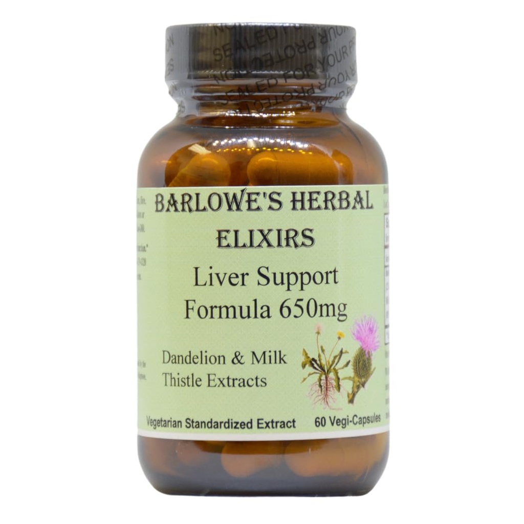 Barlowe's Herbal Elixirs Liver Support Formula | Dandelion Root & Milk Thistle Extract | 650mg Per Capsule | 60 Vegan Capsules | Stearate-Free, Glass Bottled