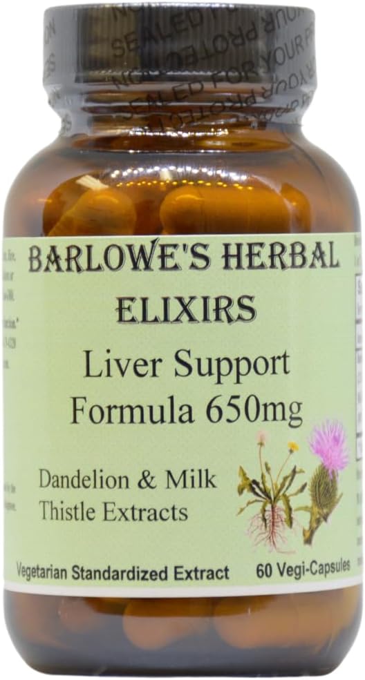 Elixirs à base de plantes de Barlowe Formule de soutien du foie Dandelion Racine et extrait de chardon de lait 650mg par capsule 60 Capsules de végétaliens, sans stéarate, en bouteille de verre