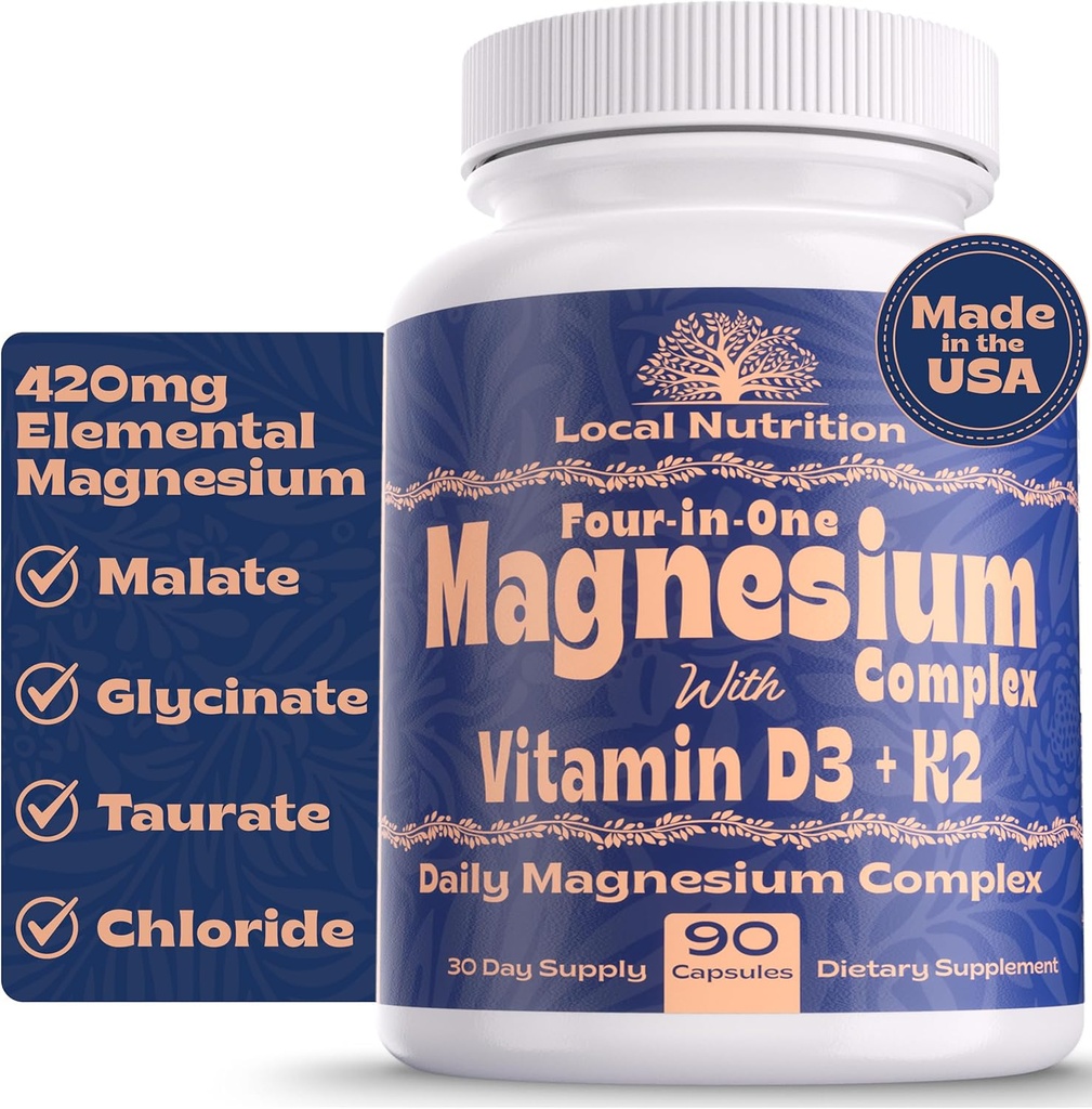 4-en-1 Complexe de magnésium 420mg avec vitamine D3 K2 - Supplément de magnésium Premium avec le malate de magnésium, le bisglycinate (glycinate), le taurate et le chlorure - 90 Capsules fabriqués aux États-Unis
