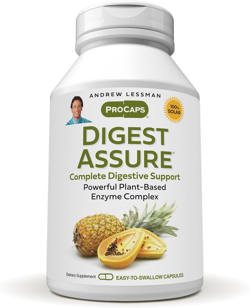 ANDREW LESSMAN Digest Assure 180 Capsules - Mélange complet d'enzymes naturelles puissantes pour soutenir et améliorer la santé digestive, enzymes d'origine végétarienne, petites capsules faciles à avaler