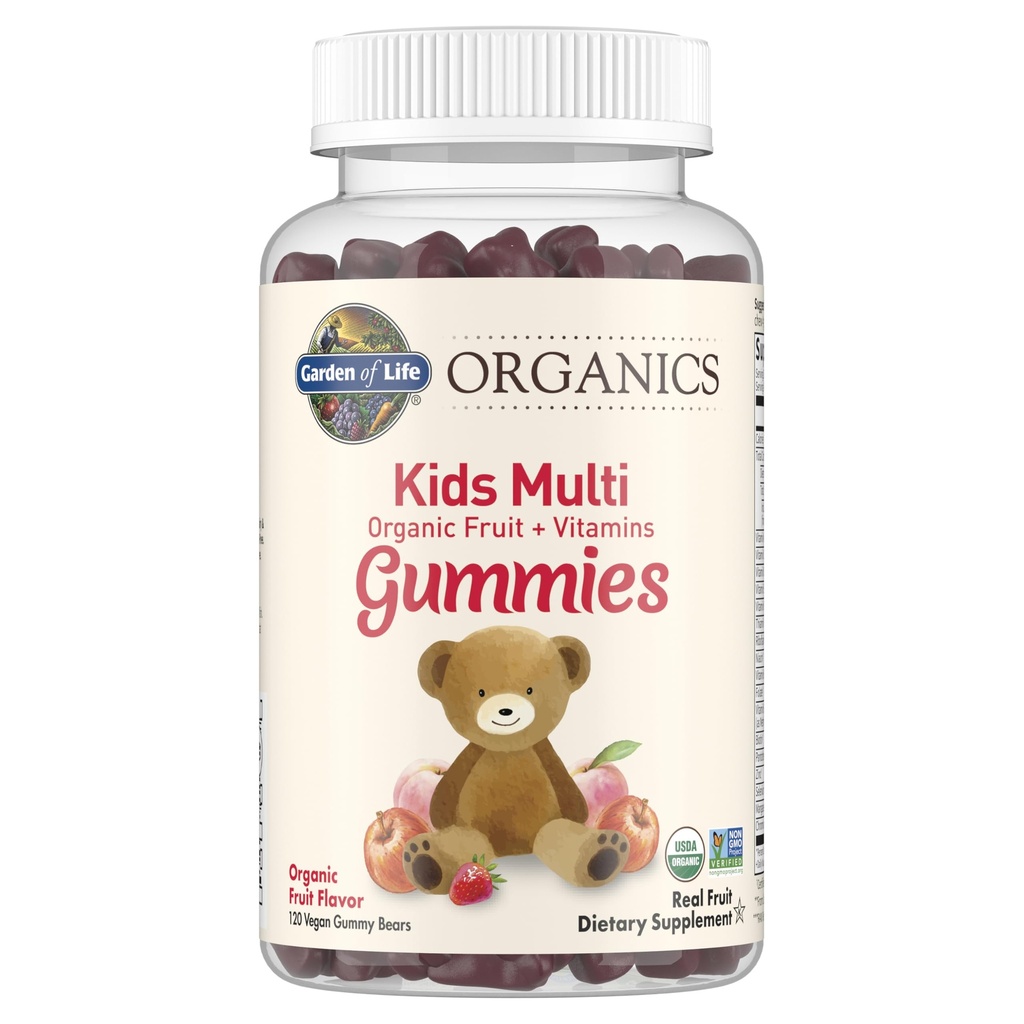 Jardin de la vie Biologique Vitamines Gummy pour enfants - Fruits - Certifié biologique, non OGM et végétalien complet Multi pour enfants - B12, C & D3 - Sans gluten, sans soja et sans lait, 120 Gummées à mâcher de vrais fruits