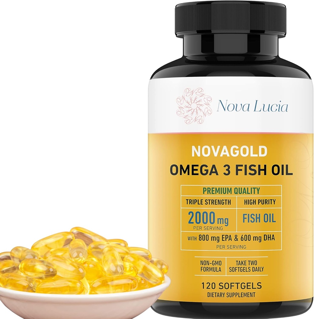 NovaGold Omega 3 Huile de poisson – Supplément EPA haute résistance DHA – Sans Burpless, facile à avaler Softgels – soutient le cœur, le cerveau, les articulations, l'immunité et la peau – Non-OGM – 120 capsules liquides