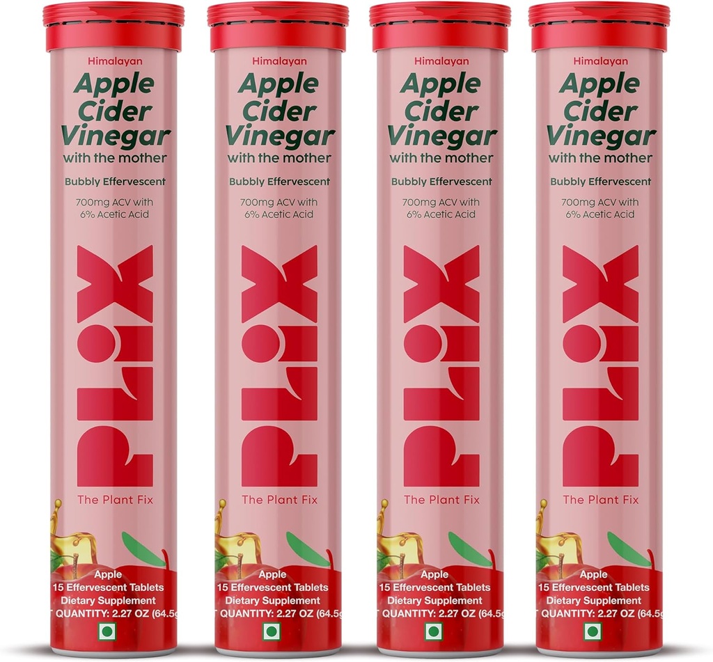 PLIX Comprimés effervescents de vinaigre de cidre de pomme avec la mère, 700mg de vinaigre de cidre de pomme avec VIT B12, B6, Pack de 4:00 Vegan, Pas de sucre ajouté, non-OGM et sans gluten