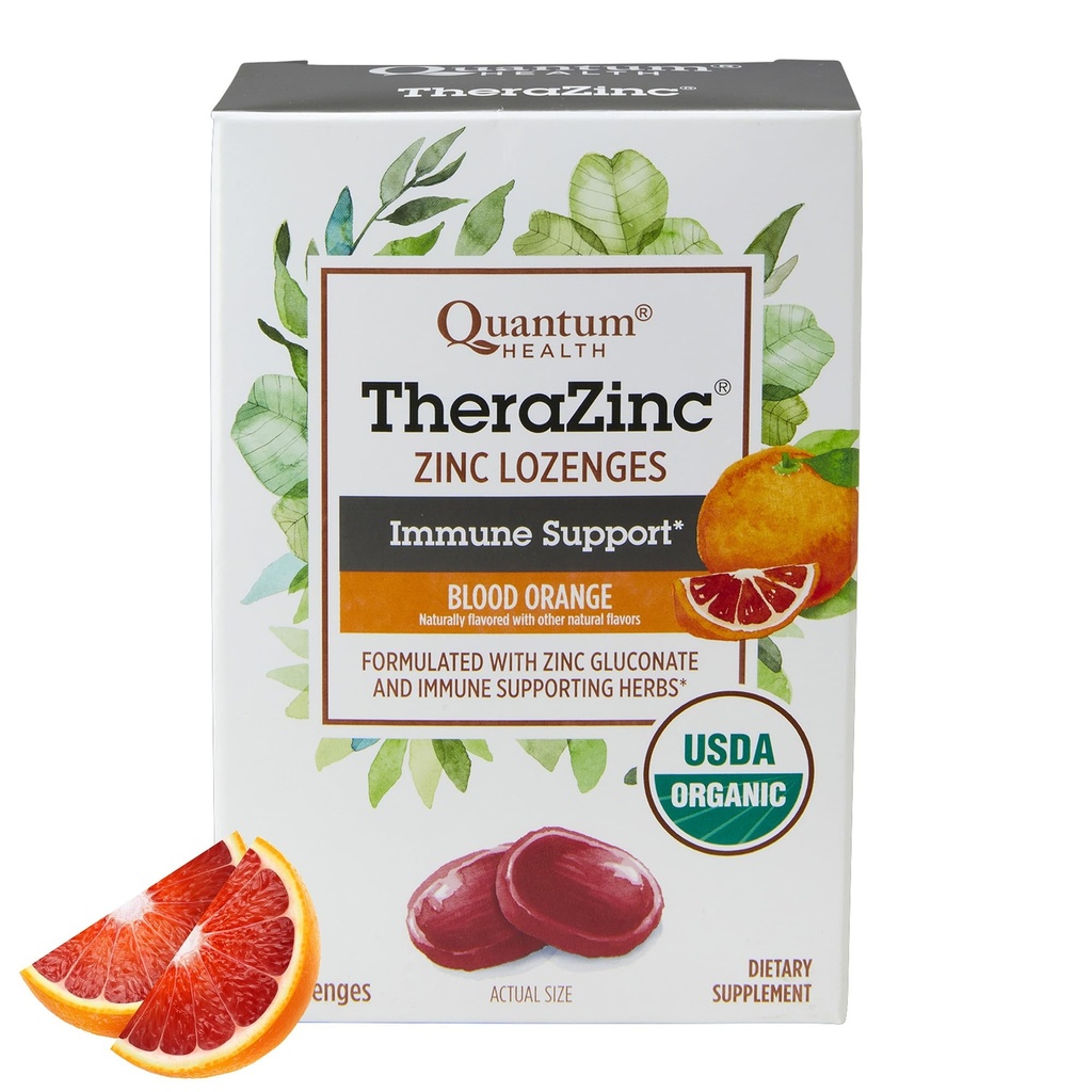Quantum Health TheraZinc Organic Zinc Lozenges Echinacea & Honey Immmune Support pour Adultes et Enfants 12+ Naturellement aromatisé sang Orange soulagement rapide sans arrière-goût - 25 comte