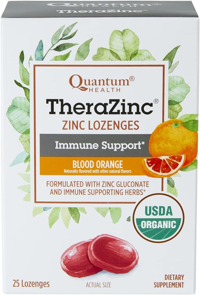 Quantum Health TheraZinc Organic Zinc Lozenges Echinacea & Honey Immmune Support pour Adultes et Enfants 12+ Naturellement aromatisé sang Orange soulagement rapide sans arrière-goût - 25 comte