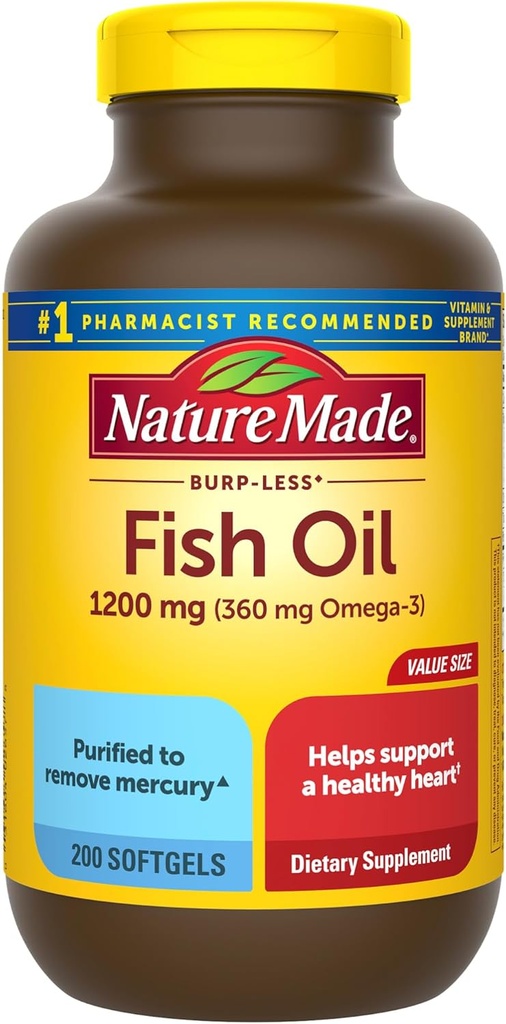 Nature faite Burp moins huile de poisson Omega 3 suppléments, 1200 mg Softgels, Omega 3 huile de poisson pour un soutien cardiaque sain, 200 Softgels, 100 jours d'approvisionnement