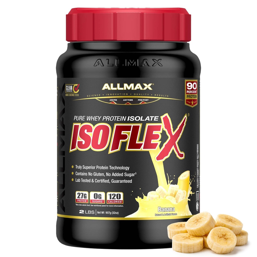 ALLMAX Nutrition ISOFLEX Isolate de protéines de lactosérum, Banane - 2 lb - 27 grammes de protéines par scoop - Zéro gras et sucre - 99% Sans lactose - Sans gluten et sans soja - Environ 30 portions