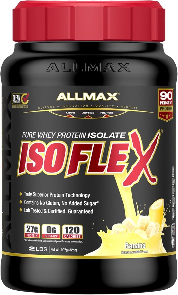 ALLMAX Nutrition ISOFLEX Isolate de protéines de lactosérum, Banane - 2 lb - 27 grammes de protéines par scoop - Zéro gras et sucre - 99% Sans lactose - Sans gluten et sans soja - Environ 30 portions