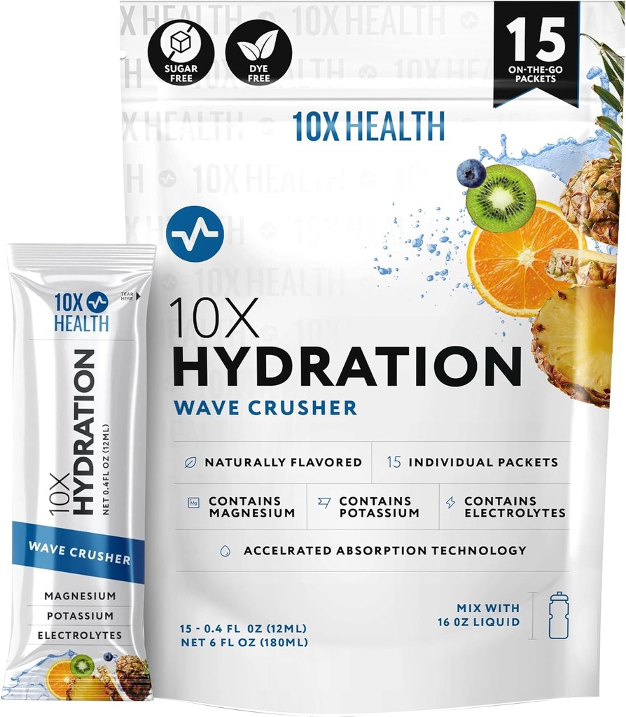 10X Health Hydratation Packets Wave Crusher Electrolyte Drink Mix Liquide 15 Stickpacks avec Citrate de magnésium, Sodium et Potassium - Electrolyte naturel aromatisé
